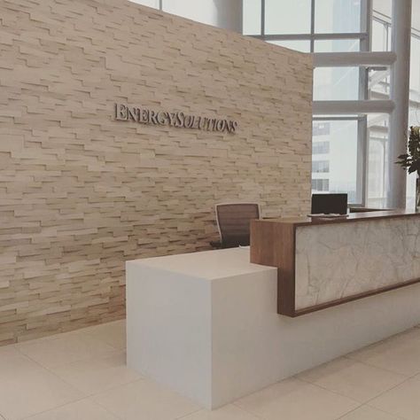 Reception Desk Tile, Reception Desk Backdrop, Wall Behind Reception Desk, Interior Design Feature Wall, Office Interior Design Corporate, Stone Reception Desk, Interior Design Corporate, Corporate Building, Eye Clinic