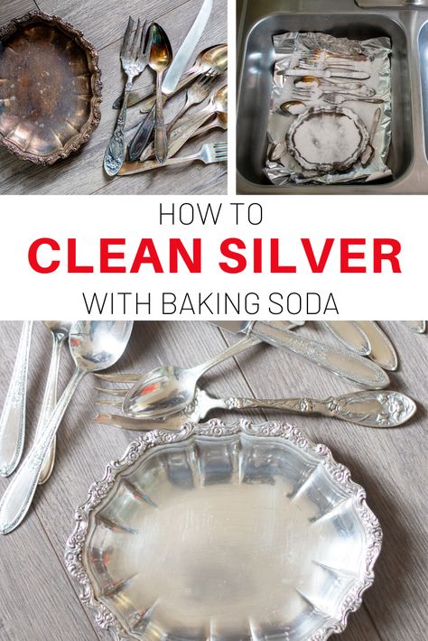 This recipe for how to clean silver with baking soda and aluminum foil is the best ever natural silver polish and tarnish remover. It works like magic and the tarnish literally disappears right before your eyes. #Cleaning #TheHowToHome #Homemaking #Homekeeping #NaturalCleaner #BakingSoda #Vintage #Silver Plate Upcycle, Appliance Organization, Decluttering Kitchen, Clean Silverware, Housework Hacks, Kitchen Decluttering, Cleaning Tarnished Silver, How To Clean Silverware, Cleaning Silver