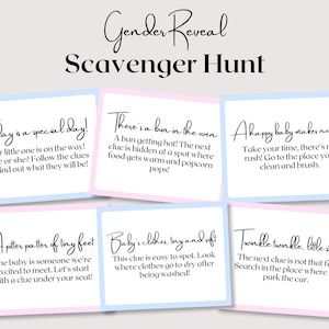 Gender Reveal Scavenger Hunt Clue Cards / Gender Reveal Treasure Hunt Clues / Baby Shower Scavenger Hunt / Gender Reveal Party Games (Instant Download) - Etsy Australia Gender Reveal Scavenger Hunt Riddles, Gender Reveal Treasure Hunt Clues, Scavenger Hunt Gender Reveal Ideas, Gender Reveal Riddles, Gender Reveal Scavenger Hunt Clues, Gender Reveal Riddle, Scavenger Hunt Gender Reveal, Gender Reveal Games For Guests, Gender Reveal Scavenger Hunt