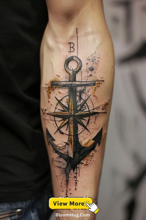 An abstract compass and anchor tattoo on the upper arm, representing guidance and strength. Anchor Tattoo For Men Forearm, Arm Tattoo Unique, Anchor Arm Tattoo, Tattoo Ideas For Men Upper Arm, Compass Tattoo Design Men, Asian Tattoos Men, Anchor Tattoo For Men, Navy Anchor Tattoos, Tattoo For Men Ideas