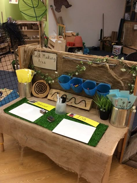 Preschool Natural Classroom Ideas, Early Years Mark Making Area, Mark Making Areas Early Years, Message Centre Eyfs, Eyfs Environment, Malleable Area Eyfs, Reception Classroom Ideas, Nursery Ideas Eyfs, Preschool Room Layout