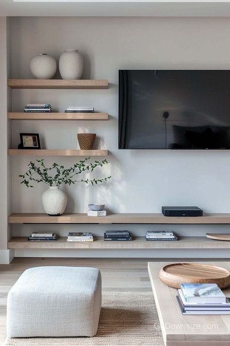 White And Wood Living Room Ideas, Earthy Tv Unit, Living Room Tv Shelf Decor, Tv Designs For Living Room, Neutral Tv Room, Art Wall With Tv, Tv Shelving Ideas, Tv Room Cozy, White Tv Room