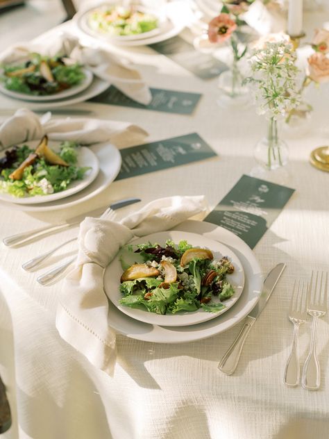 Plated candy pear salad at a wedding reception.