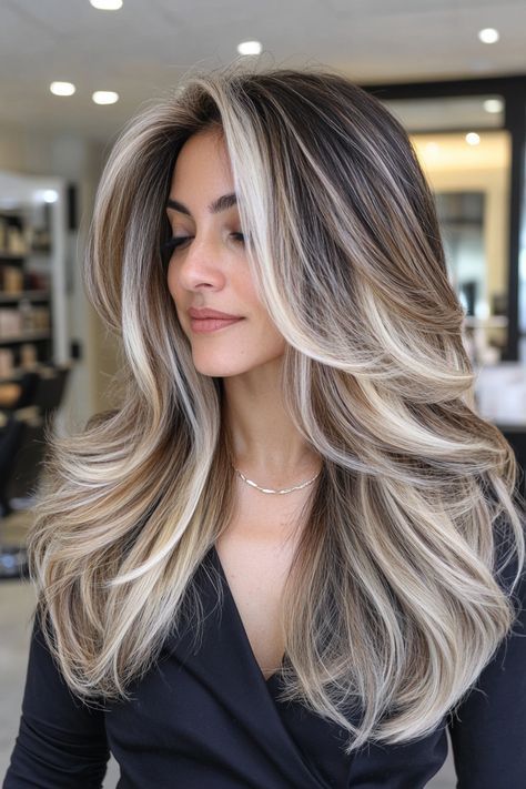 Highlights That Cover Gray Hair, Long Blonde Winter Hair, Blonde Hair Chunky Highlights, Dark Blonde Hair With Blonde Highlights, Blond With Brown Highlights, Heavy Blonde Highlights On Dark Hair, Platinum Blonde Hair Highlights, Light Brown And Blonde Highlights, Dark Blonde Long Hair