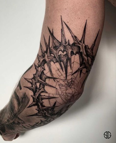 Thorn Tattoo, Elbow Tattoos, 4 Tattoo, Metal Tattoo, Creepy Tattoos, Knee Tattoo, Dark Tattoo, Black Ink Tattoos, Dope Tattoos