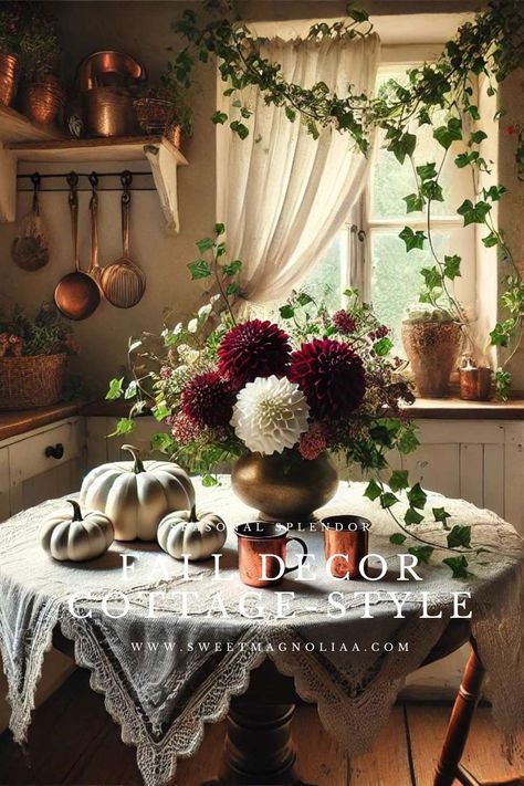 Autumn Decor Ideas for a Country Cottage: Fall Into Comfort - Sweet Magnoliaa Cottage In Autumn, Fall English Cottage, English Cottage Fall Decor, Granny Chic Fall Decor, Autumn Farmhouse Aesthetic, English Cottage Winter, Fall Cottage Decor, Cottage Fall Decor, Rustic Autumn Decor