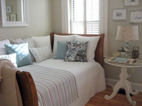 :) Twin Bed Against Wall, Craft Room Office Combo, Bed Against Wall, White Sleigh Bed, Nursery Guest Room, Basement Guest Rooms, White Apartment, Sleigh Bed, Office Guest Room