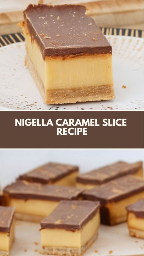 This delicious Caramel Slice is a quick and easy treat that’s perfect for satisfying your sweet tooth. With a creamy, caramel filling, a buttery base, and a smooth chocolate topping, it’s a simple dessert that’s sure to impress. You can easily adapt the ingredients, making it a versatile option for any occasion! Caramel Slice Recipe Easy, Nigella Lawson Desserts, Easy Caramel Slice, Caramel Slice Recipe, Caramel Slices, Nigella Lawson Recipes, Caramel Filling, Slice Recipe, Caramel Slice