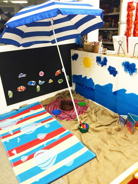 Beach Dramatic Play Preschool, Beach Preschool Theme, Beach Activities Preschool, Beach Kindergarten, Beach Preschool, Beach Theme Preschool, Beach Theme Classroom, Nature Learning, Cozy Area