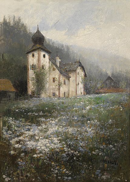 athousandwinds: “ Church on the Hill also known as Church in the Wachau, 1914, oil on cardboard by Paul Unbereit, Austrian landscape and still life artist, 1884-1937. The Dorotheum, an international... Paintings Aesthetic Vintage, Old Landscape Paintings, Still Life Painting Watercolor, Vintage Landscape Paintings, House Landscape Painting, House On Hill, Painting Of A House, Hill Painting, Oil Landscape Paintings