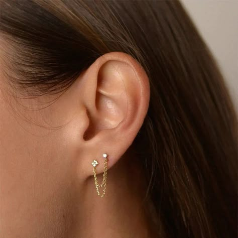 Long Stud Earrings, Earrings Prom Silver, Double Ear Piercing Chain, Stud Earrings Multiple Piercings, Earrings For Double Pierced Ears, Earring Combinations Double, Earring Inspo Doubles, Earrings For 2 Holes, Elegant Double Ear Piercing