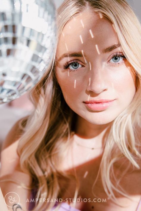 Senior Pictures Disco Ball, Disco Ball Portrait, Disco Ball Photography, Tan Branding, Disco Ball Photoshoot, Disco Photoshoot, 16 Photoshoot, Ball Photoshoot, Podcast Branding