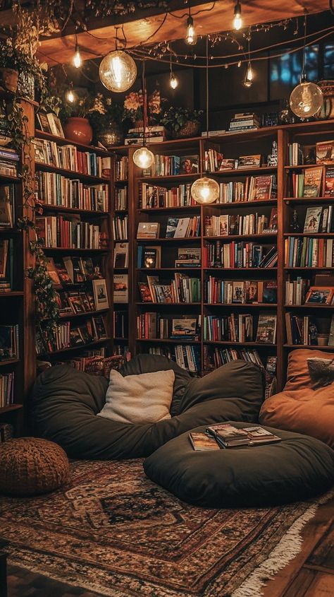 Download 'Cozy reading nook' - A snug and inviting reading nook surrounded by towering bookshelves filled with various books and colorful cushions. - Get this free stock photo and more high-quality images on StockCake. No attribution required. Book Nook Dark Academia, Many Books Aesthetic, Library Walls In Living Room, Cozy Places To Read, Dream Reading Room, Basement Book Nook, Earthy Library Room, Moody Book Room, Cozy Writing Nook