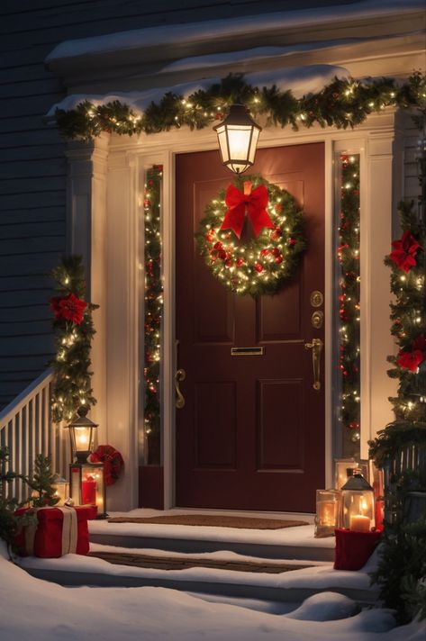 A festive Christmas porch with a wreath on the door, potted poinsettias, evergreen trees wrapped in lights, and a holiday doormat. Garlands and colorful lights frame the entrance, snow dusts the steps, and a glowing lantern adds warmth. #chirstmasporchdecor #chirstmasdecorideas #chirstmas Elegant Christmas Lights Outdoor, Outside Front Door Christmas Decor, Outdoor Christmas Lights Inspiration, Front Step Christmas Decorations, Christmas Door Outside, Christmas Steps Decor Outdoor, Christmas Decor Ideas Front Yard, Christmas Decorations Door Entrance, Christmas Decor Doorway