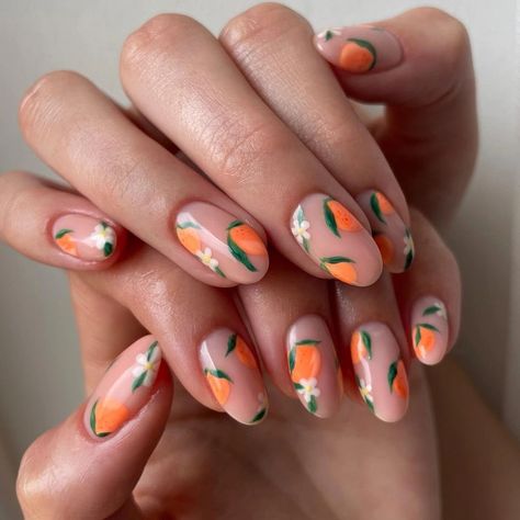 Orange Blossom Nails, Clementine Nails, Citrus Nail Art, Tangerine Nails, Citrus Nails, Shower Nails, Nail Aesthetics, Fruit Nail Designs, Fruit Nails