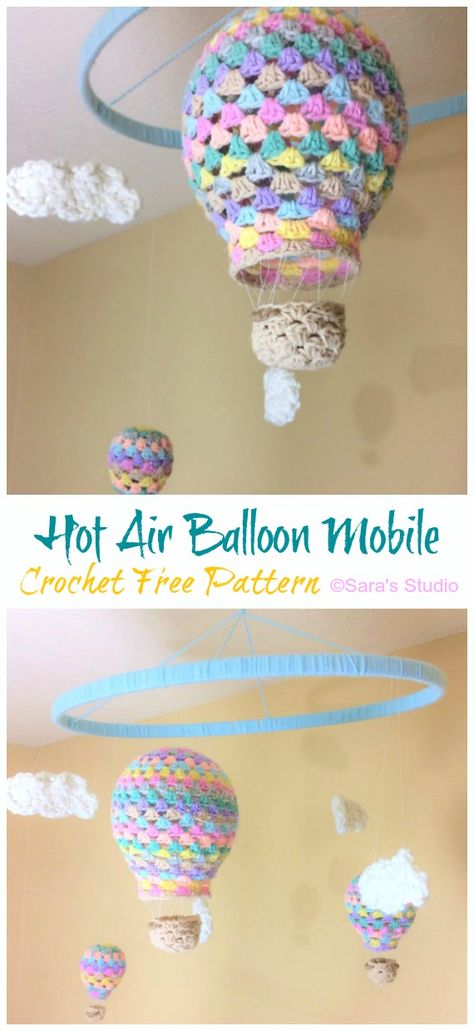 Hot Air Balloon Baby Mobile Crochet Free Patterns Balloon Crochet, Baby Mobile Crochet, Hot Air Balloon Mobile, Crochet Baby Mobiles, Balloon Mobile, Baby Mobil, Crochet Mobile, Baby Balloon, Baby Crochet Patterns Free