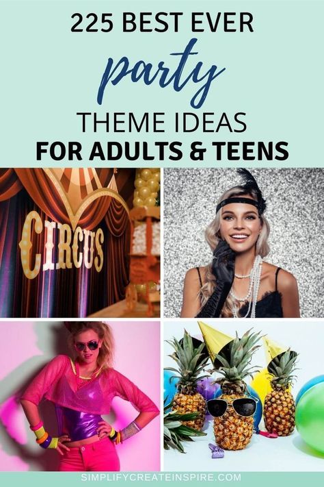 200+ awesome adult party themes for an unforgettable celebration! This list of party themes for adults will help you plan the ultimate unique fun-filled event. Party Dress Up Themes For Adults, Thema Party Volwassenen, Dress Up Birthday Party Ideas Adults, Dress Up Party Ideas For Adults, Best Themed Parties For Adults, Party Themed Ideas For Adults, Different Themes For Parties, Costume Party Themes For Adults, Theme Dress Up Party Ideas