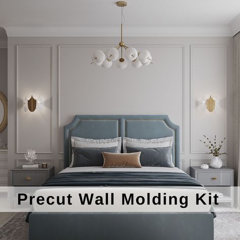 Wall Molding Bedroom Kit, Wainscoting Ready Cut Set, Wall Moulding Package- Wall Trim Kit, Ready to Go Wall Paneling Kit Moldings are 2.5 cm ( 0.98 in ) wide. This package includes: 62.99" by 31.50" 2 pieces of the upper right and the left panels 62.99" by 70.87" 1 piece of the upper middle section panel 23.62" by 31.50" 2 pieces of the bottom right and the left panels 23.62" by 70.87" 1 piece of the bottom middle section panel The best wall size for this package is 108.27" H by 151.57 W" but yo Wainscoting Kits, Wall Molding Design, Accent Wall Panels, White Wall Paneling, Wall Moulding, Wainscoting Panels, Diy Accent Wall, Inspire Me Home Decor, Bedroom Panel