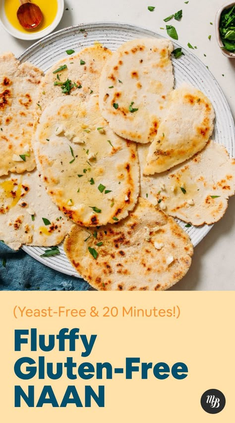 FLUFFY Vegan Gluten-Free Naan! 20 minutes, 1 bowl, PILLOWY, stretchy, garlicky, SO delicious! #naan #glutenfree #plantbased #recipe #minimalistbaker Gluten Free Naan, Minimalist Baker, Gf Bread, Lentil Curry, Naan Bread, Gluten Free Bread, Vegan Butter, Curries, Gluten Free Baking