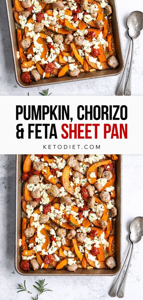 Feta Tray Bake, Feta Sausage Recipes, Pumpkin Chorizo, Pumpkin And Feta Salad, Pumpkin Feta, Winter Tray, Easy Roast, Cooking Pumpkin, Pan Recipe