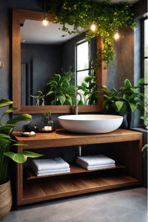 Cool Bathroom Vanity Ideas, Sink Basin Bathroom, Vanity Sink Ideas, Wood In Bathroom, Bathroom Sinks Ideas, Sink Design Bathroom, Bathroom With Plants, Bathroom Sinks And Vanities, Bathroom Vanities Ideas