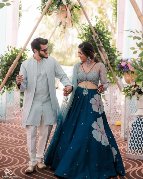 Brb, gotta go Pin 📌 this look to my Pinterest board ASAP 🦋🩵. . Absolutely beautiful ! Bride @kratikagulati exudes sheer beauty in our Adeena Lehenga for her Haldi. Can’t stop admiring her elegance! . DM us to shop this enchanting look and make your special moments unforgettable. 💫✨🦋🩵 . . . . #BridalGlam #AdeenaLehenga #ShopTheLook” Couple Dress For Haldi Function, Haldi Dress Combination, Lehenga For Wedding Brides, Haldi Colour Combination, Haldi Unique Outfit, Engagement Ceremony Outfits, Engagement Outfits Indian Sisters, Sangeet Look For Bride, Haldi Function Dress For Bride