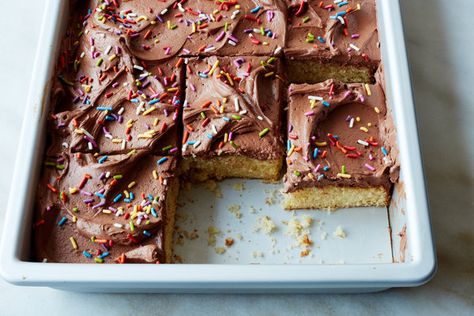 Yellow Sheet Cake With Chocolate Frosting Recipe - NYT Cooking Yellow Sheet Cake, Sour Cream Frosting, Cake With Chocolate Frosting, Yellow Cake Recipe, Chocolate Fudge Frosting, Chocolate Frosting Recipes, Chocolate Sheet Cake, Fudge Frosting, Sheet Cake Recipes