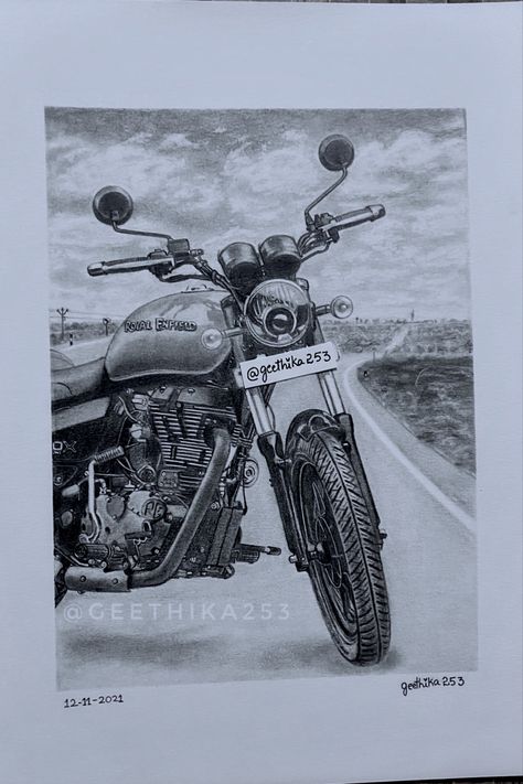 Royal enfield thunderbird 350x #pencildrawing #bike #royalenfield #thunderbird #geethika253 Royal Enfield Pencil Sketch, Royal Enfield Drawing Pencil, Royal Enfield Drawing Sketches, Royal Enfield Sketch, Royal Enfield Drawing, Enfield Thunderbird, Colorful Art Paintings, Fruit Art Drawings, Mother Painting