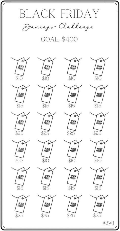 Black Friday Mini Challenge! Each icon represents a dollar amount that you will save. Color in or cross off to see your progress. Once completed you will have $400 towards Black Friday! Happy Shopping! *FREE GIFT INCLUDED  Printing Information: *Digital Download  *This is printed on 8.5 x 11 US letter size paper  *Once printed, cut and place inside your A6 envelope *Color will vary depending on ink and printer Disclaimer: This is a PDF Digital Download. No physical product will be mailed to you. Digital Download will be available once payment has been confirmed and purchase has been completed. This printable is for personal use only, not to be copied or resold. There are no refunds, cancellations or exchanges due to the nature of the product. If you have any questions or concerns, please d New Years Saving Challenge, 400 Dollar Savings Challenge, Beauty Savings Challenge, Black Friday Savings Challenge, Mini Savings Challenge Free Printable, Shopping Challenge, Free Printable Envelopes, Mini Savings Challenge, Saving Money Chart