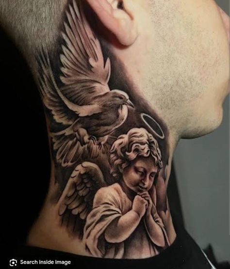 Mexican Neck Tattoo, Chest And Neck Tattoos Men, Angel Neck Tattoo For Men, Jesus Neck Tattoo, Angel Tattoo Neck, Dove Neck Tattoo, Neck Tattoo Design, Side Neck Tattoo For Guys, Neck Tattoo Men