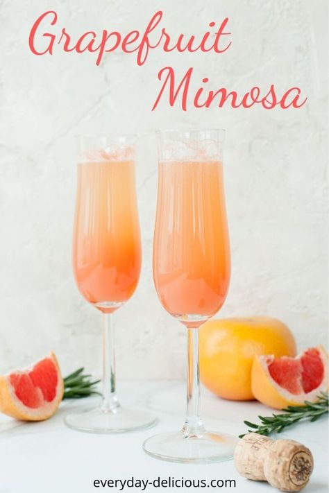 Grapefruit mimosa is champagne (or prosecco) mixed with grapefruit juice that has been flavored with fresh rosemary. It's an easy drink that is sure to impress! #mimosa #grapefruit #newyearsevedrink #newyearsevecocktail Amaretto Drinks Recipes, Amaretto Drinks, Grapefruit Mimosa, Mimosa Drink, Champagne Cocktails, Christmas Punch Recipes, Mimosa Recipe, Best Champagne, Coconut Drinks