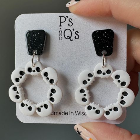 🎃💀🕸️’Trick or Treat’ Yourself: 20% Off the P’s and Q’s Spooky Season Launch🕸️💀🎃 . Now through Friday (9/20) get the entire new Spooky Season Collection and Fall Y’all Collection on sale! . These statement polymer clay earrings are lightweight and handmade with my spooky loving hands. . #polymerclay #polymerclayearrings #earringshop #handmadeearrings #habdmadejewlery #handmade #spookyseason #spooky #fallfashion #spookystyle Gothic Clay Jewelry, Funny Polymer Clay Earrings, Halloween Earrings Clay, Polymer Clay Halloween Earrings, Halloween Polymer Clay Earrings, Trick Or Treat Yourself, Polymer Clay Halloween, Earring Inspo, Halloween Clay