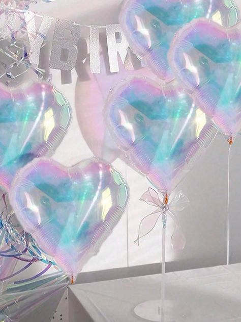 5pcs 19-Inch Clear Laser Multicolor Heart Shaped Aluminum Foil Balloons, Holographic Heart Foil Balloons, Ideal For Birthday Parties, Wedding & Engagement Decorations (Not Support Helium)I discovered amazing products on SHEIN.com, come check them out! Iridescent Party, Bride To Be Balloons, Butterfly Balloons, Wedding Balloon Decorations, Pastel Balloons, Balloon Stands, Venue Decorations, Engagement Decorations, Wedding Balloons