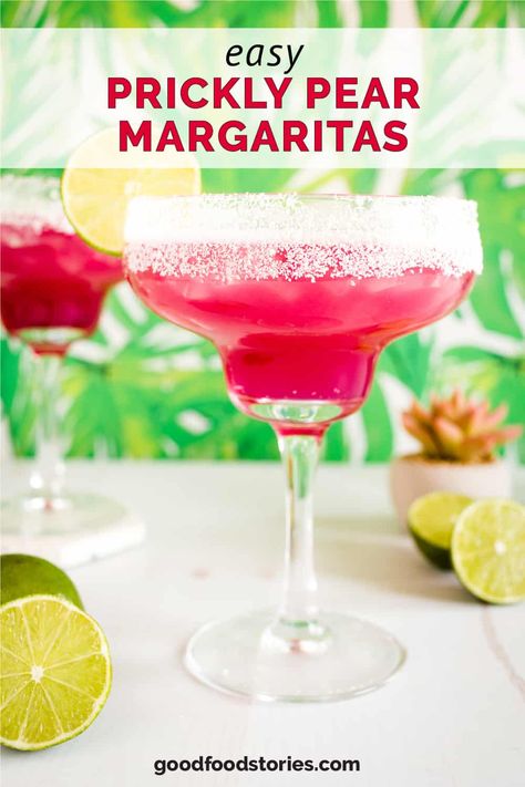 Prickly pear margaritas are beautiful and taste even better than they look. Make this cocktail recipe with homemade syrup or bottled syrup for a tart and tangy classic tequila drink. Prickly Pear Syrup Recipe, Prickly Pear Juice, Pear Syrup, Pear Margarita, Prickly Pear Margarita, Margarita On The Rocks, Perfect Margarita, How To Make Margaritas, Margarita Mix