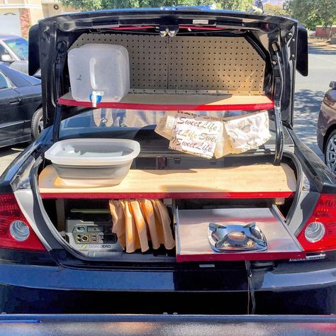 Just Rue on Instagram: “• Kitchen Little ⠀ No hatchback, no problem. Countertop, stovetop, shelf, sink, plug-in power.  Fold up, get full, fold down, live full.…” Stovetop Shelf, Prius Camping, Car Camping Organization, Sink Plug, Camping Sink, Living In Car, Honda Civic Car, Car Tent Camping, Stealth Camping