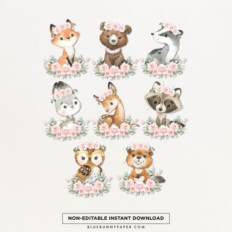 "PINK FLORAL WOODLAND CENTERPIECES Adorable party centerpieces featuring 8 cute forest animals with pink blush floral crowns -------------------------------------------------------- MATCHING ITEMS -------------------------------------------------------- https://www.etsy.com/shop/BlueBunnyPrintables?search_query=FOR6 -------------------------------------------------------- WHAT YOU WILL RECEIVE  -------------------------------------------------------- ★ 8 Different woodland animals formatted to print on 8.5X11\" letter size page in JPG format (compressed in 1 ZIP folder) ★ 8 Different woodland animals formatted to print on 8.5X11\" letter size page in PDF format ★ Simply download, print, cut out, and decorate! -------------------------------------------------------- INSTANT DOWNLOAD ------- Pink Woodland Baby Shower Theme, Woodland Centerpieces, Baby Shower Decorations Pink, Woodland Centerpiece, 1st Birthday Decor, Wild One 1st Birthday, Pink Baby Shower Decorations, Forest Animal Baby Shower, Woodland Animal Birthday