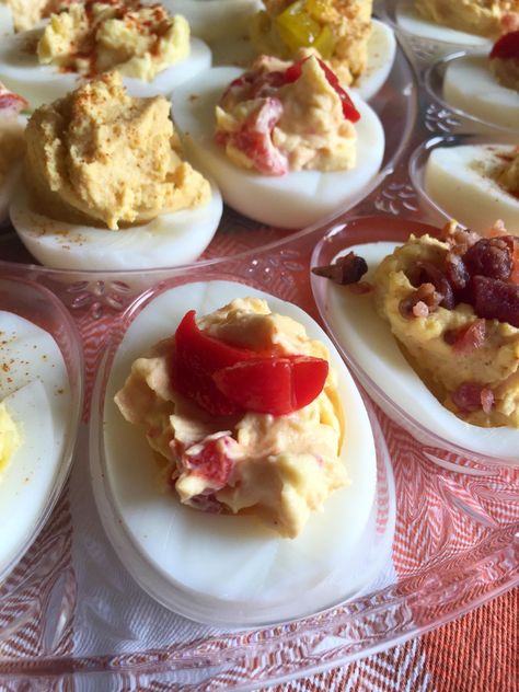 Roasted Red Pepper Deviled Eggs Traditional Deviled Eggs, Red Pepper Jelly, Devilled Eggs, Peeling Hard Boiled Eggs, Fresh Eats, Pepper Jelly, Roasted Red Pepper, Roasted Red Peppers, Red Bell Pepper