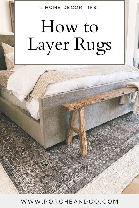 Layered Rugs Bedroom, Layered Rugs Living Room, Layer Rugs, Rug Under Bed, Layering Carpet, Layering Rugs, Rug Over Carpet, Jute Rug Living Room, Rug Placement