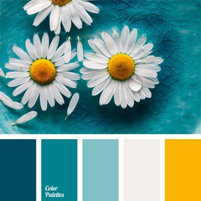 Color Palette #151 Delicate and fresh daisies. Dark blue, denim, turquoise, light blue harmonizes with white and yellow. This classic combination is suitable for a light summer image, and for formal business suit. Chamomile’s colors on light blue color do not hurt your eyes and cause irritation. Yellow Bath, Yellow And Teal, Room Dark, Color Schemes Colour Palettes, Black And White Love, Yellow Walls, Color Palette Design, Color Balance, Natural Home Decor