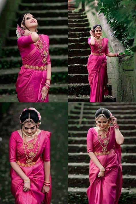 Hindu Wedding Sarees Kerala, Saree Poses Wedding, Wedding Saree Poses, South Indian Wedding Sarees Color Combinations, Rani Color Saree, Poses In Saree For Photoshoot, Silk Saree South Indian, Kerala Wedding Saree, South Indian Wedding Saree