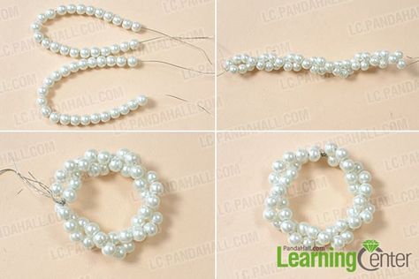 How to Make a Christmas Ornament Wreath with Pearl Beads and Ribbons - Pandahall.com Pearl Christmas Tree Ornaments, Diy Bead Wreath, Pearl Christmas Ornaments, Pearl Bracelet Ideas, Candle Rings Diy, Make A Christmas Ornament, Ribbon Christmas Wreath, Christmas Beads Craft, Ribbon Wreath Christmas