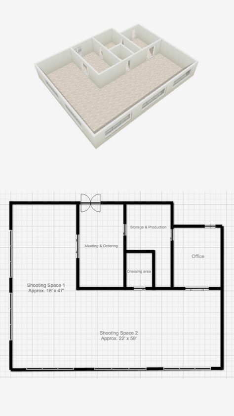 Photography Studio Plans Layout, Photo Studio Floor Plan, Photography Studio Layout Plan, Photography Studio Floor Plans, Photo Studio Layout, Sims 4 Photography Studio, Content Studio Spaces, Photography Studio Rental, Photography Home Office