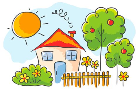 Cartoon landscape hand drawn vectors 02 Drawing Of A House, House Drawing For Kids, Scenery Drawing For Kids, Kindergarten Drawing, Drawing Competition, Drawing Lessons For Kids, Garden Drawing, Drawing Activities, Childrens Drawings