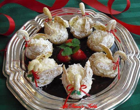 Swan Cream Puffs on a Chocolate Pond | Just A Pinch Recipes Swan Recipe, 7 Sacraments, Gifts Of The Holy Spirit, Edible Christmas Gifts, Seven Swans, Leftover Turkey Recipes, Christmas Sprinkles, Cooking Club, Cream Puff