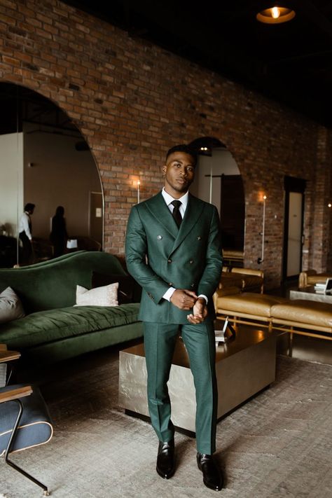 Black Man Green Suit, Grooms In Green Suit, Men Hollywood Fashion, Green Suit Black Shoes, Men’s Dark Green Suit, Dark Green Grooms Suit, Green Suit Black Tie, Dark Green Groomsmen Suits, Groom In Green Suit