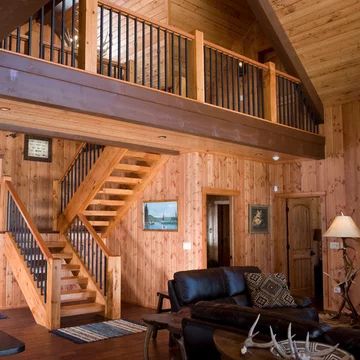 Rustic Open Staircase, Log Home Staircase Ideas, Cabin Loft Railing, Lodge Staircase, Log Cabin Staircase, Iron Stair Railing Ideas, Black Iron Stair Railing, Cabin Staircase, Pine Staircase