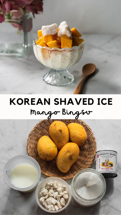 A beloved Korean dessert: Mango Bingsu! Fluffy shaved ice and sweet mangoes make the most delicious and refreshing summer treat. No need to buy a fancy ice shaver. Instead, replicate that light, fluffy, snow-like texture at home with the grater attachment of a food processor. So easy and so good! Bingsu Korean, Mango Bingsu, Korean Shaved Ice, Fancy Ice, Fluffy Snow, Korean Dessert, Mango Dessert, Korean Desserts, Cold Treats