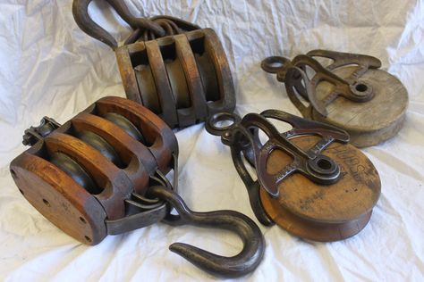 Restoration suggestions for vintage, old, or used wood farm pulleys                                                                                                                                                                                 More Pulley Ideas, Pulley Light, Wooden Barn, Wood Barn, Wooden Wheel, Repurposed Wood, Walla Walla, Antique Tools, Old Tools