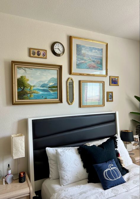 Gallery wall above bed Picture Collage Over Bed, Above Bed Gallery Wall, Gallery Wall Bedroom Above Bed, Frame Above Bed, Gallery Wall Above Bed, Picture Above Bed, Photos Above Bed, Above Headboard Decor, Frames Above Bed