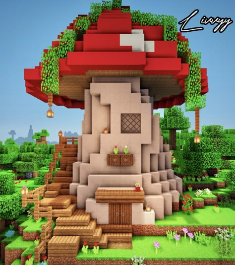 Minecraft Fairy Mushroom House, Cute cottagecore Quirky Minecraft Houses, Cool Minecraft Fountains, Woodland Minecraft Builds, Fairy Core House Minecraft, Minecraft Faeriecore, Mushroom Village Minecraft Ideas, Fairy Town Minecraft, Fairycore Minecraft Builds Vanilla, Fairy Core Minecraft Builds